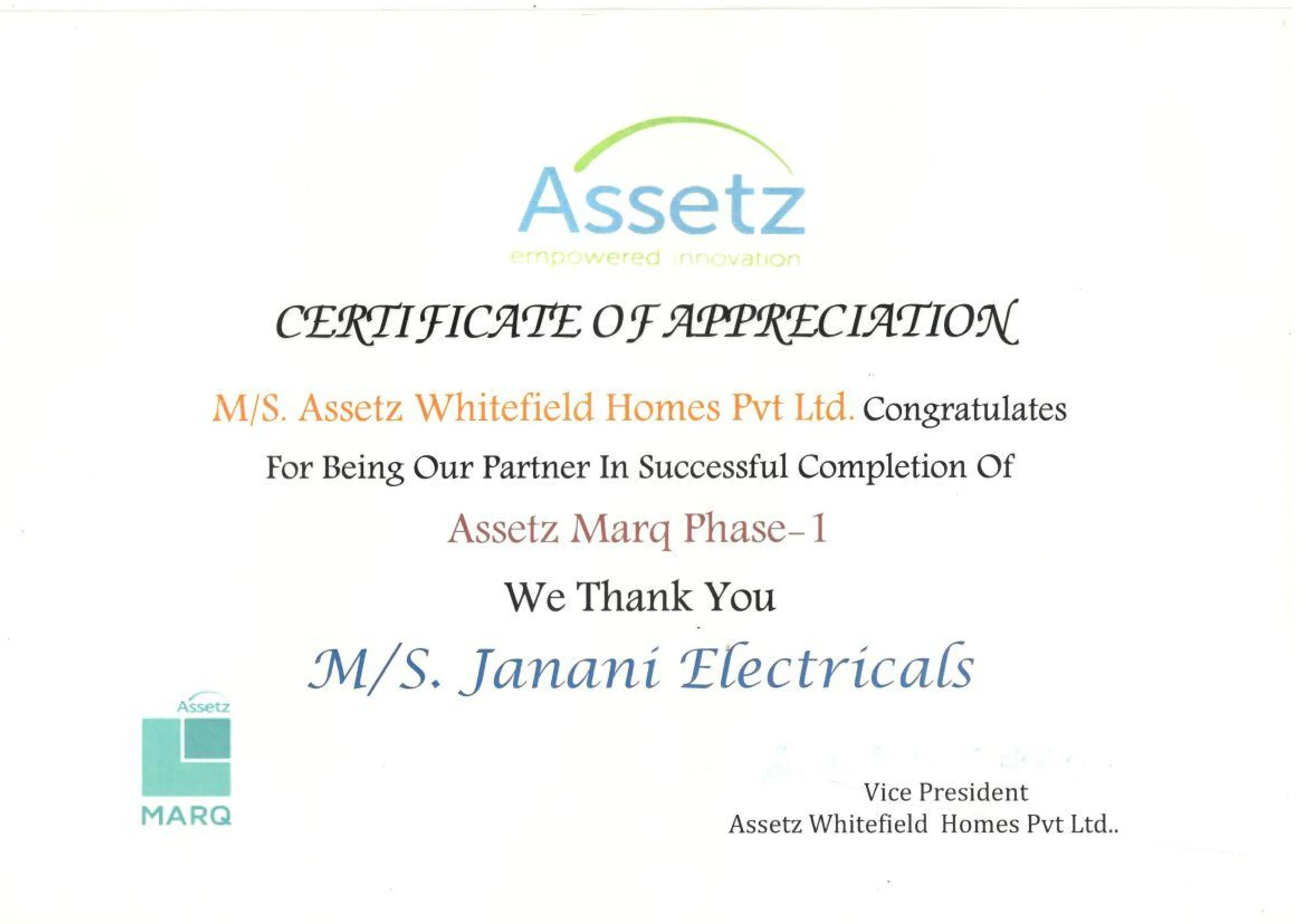 Certificate of Appreciation - Assetz