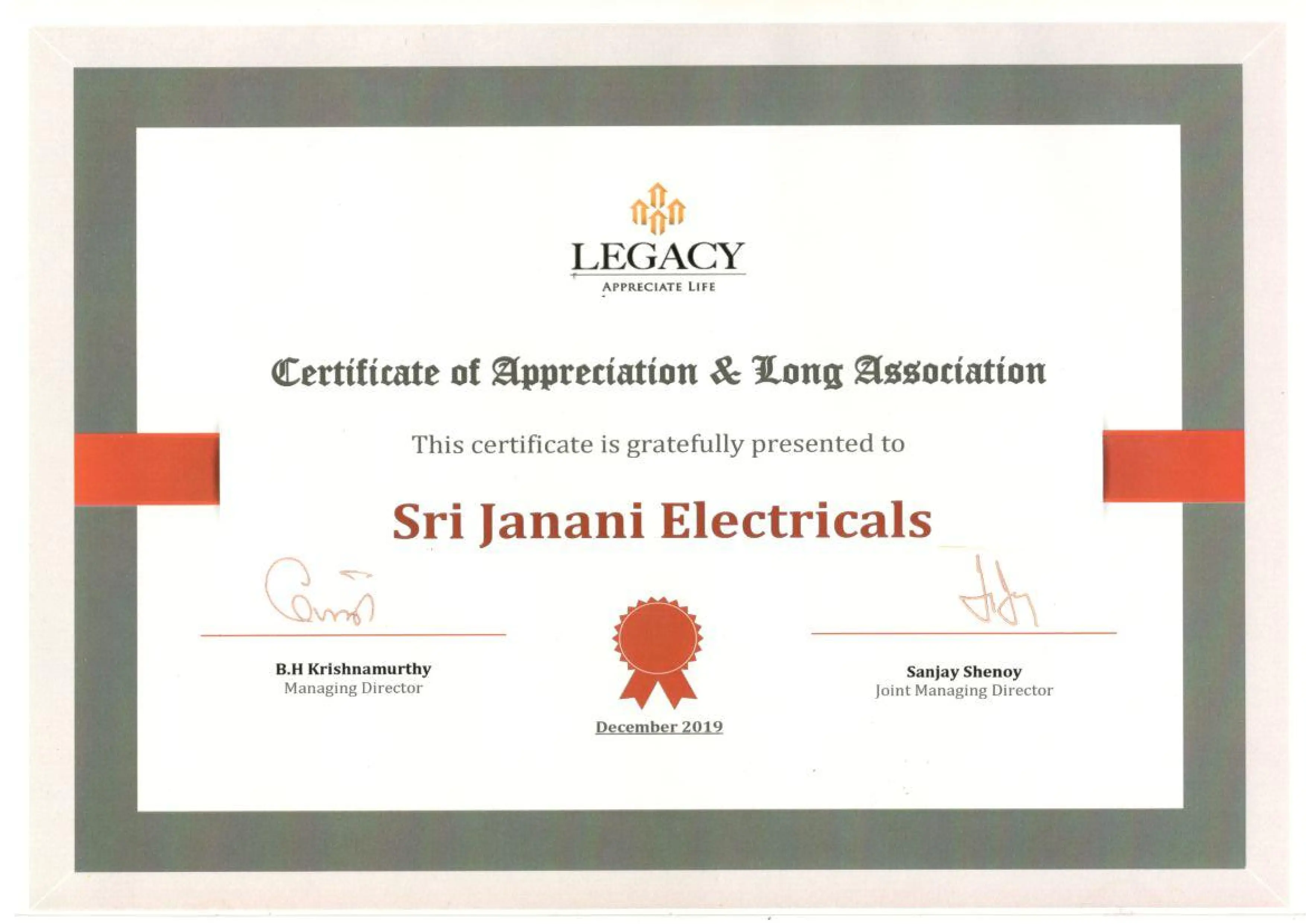 Certificate of Appreciation - Legacy